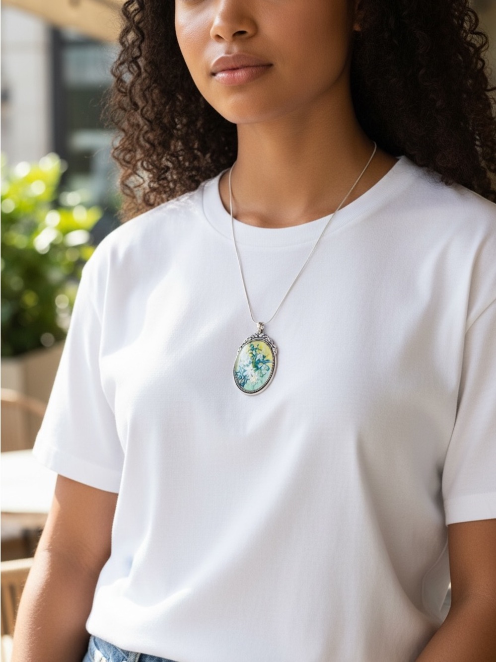 Oval Floral Pendant Necklace in Blue and Yellow on Silver Chain